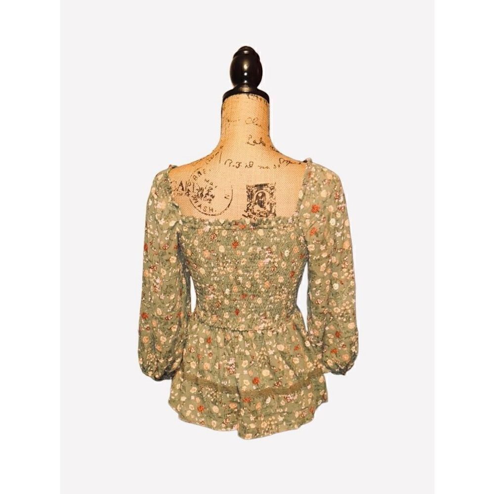 MINE green floral smocked shirt S - Picture 3 of 4